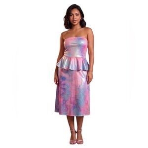 Strapless Pink Blue Tie-Dye Peplum Midi Dress